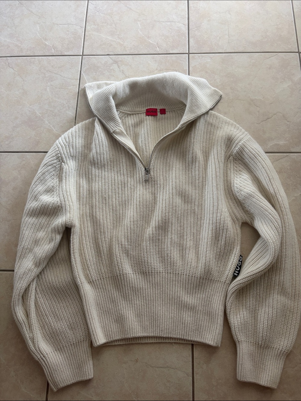 HUGO Cream Quarter-Zip Ribbed Women’s Sweater